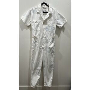 Pistola Women's  white and blue Grover Button Up Full Body Short Sleeve Jumpsuit